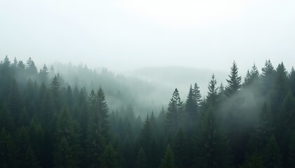 A dense forest filled with tall pine trees shrouded in mist
