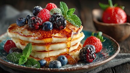 Stack of pancakes with berries and syrup on plate, delicious breakfast setup for brunch, food ad or recipe blog