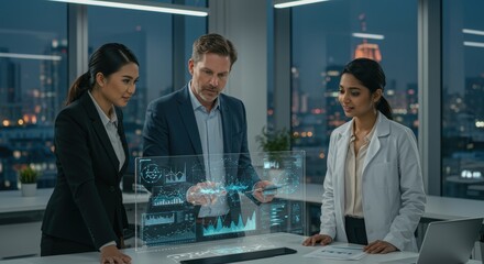 Diverse Team Analyzing Business Data on Futuristic Holographic Display in Modern Office