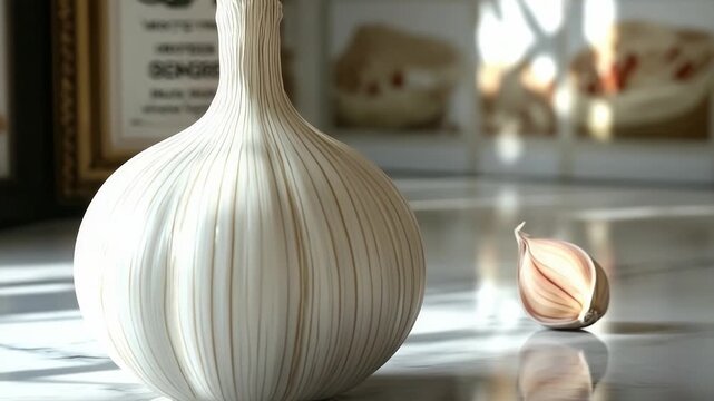 White vase with a white onion in it. The vase is on a table. The onion is cut in half