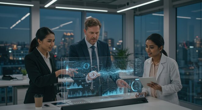 Diverse Business Team Analyzing Data on Futuristic Transparent Display in Modern Office - Powered by Adobe