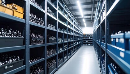 Organized Warehouse Aisle with Metal Shelving Units and Storage Bins