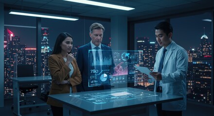 Innovative Business Meeting with Futuristic Data Analytics and Team Collaboration