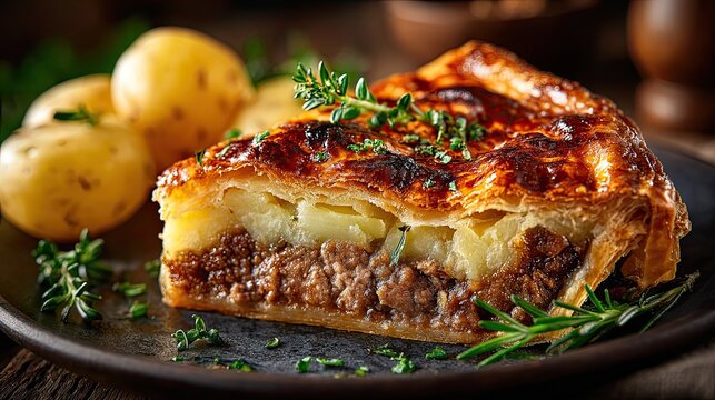 Steak and potato pie slice on plate, hearty homemade meat filling comfort food for dinner, recipe or pub theme