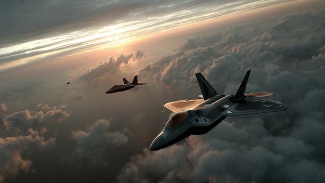 Fighters in the Sky: High-performance fighter jets soar above the clouds during sunset, engines ignite the twilight, displaying power and majesty.