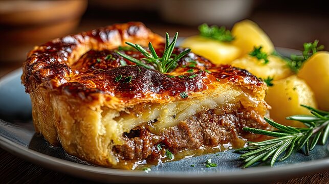 Steak and potato pie slice on plate, hearty homemade meat filling comfort food for dinner, recipe or pub theme