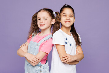 Side view smiling cheerful little kids children girls 9-10 years old wear casual clothes together...