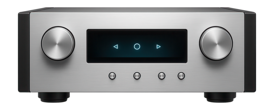 Home theater amplifier with a brushed aluminum finish and backlit display