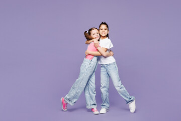 Full body side profile view little two friends kids children girls 9-10 years old wearing casual...