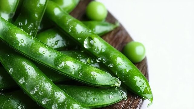 Plate of fresh green peas and a small green ball on top. The peas are slightly damp and the ball is a small, round, and vibrant green. The combination of the peas