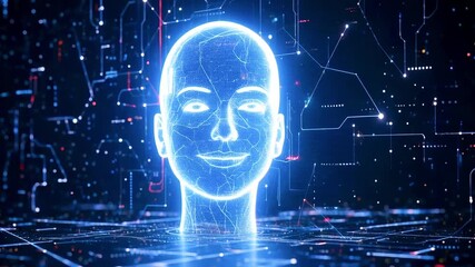 Futuristic digital representation of an AI head illuminated in neon blue against a tech backdrop - Powered by Adobe