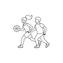 Man and woman playing basketball together isolated on white background