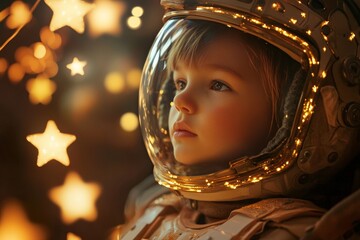 Young child in spacesuit surrounded by glowing stars
