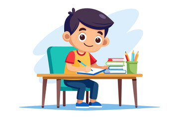 Colorful and cheerful illustration of a cartoon boy sitting at a wooden desk, writing in a notebook with a blue pen