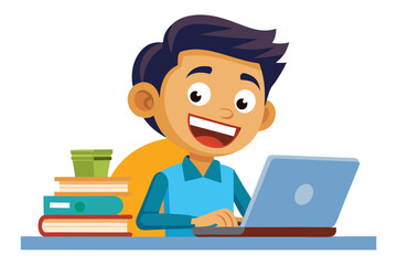 Colorful and cheerful illustration of a cartoon boy sitting at a wooden desk, writing in a notebook with a blue pen