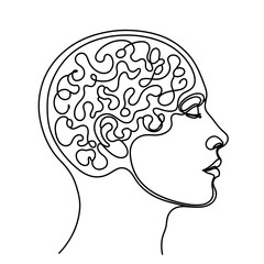 human head with a visible brain in continuous line drawing style sketch