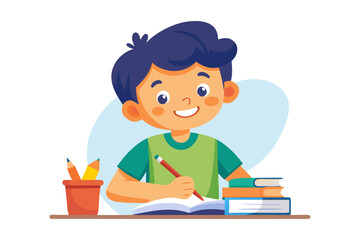 Colorful and cheerful illustration of a cartoon boy sitting at a wooden desk, writing in a notebook with a blue pen