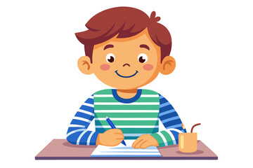 Colorful and cheerful illustration of a cartoon boy sitting at a wooden desk, writing in a notebook with a blue pen