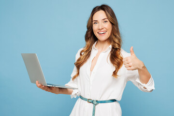 Young smiling employee IT business woman corporate lawyer wear shirt classic formal clothes work in...