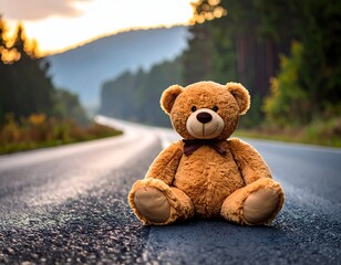 Teddy bear sitting on a winding forest road at sunset, surrounded by trees and hills, evoking childhood nostalgia, tranquility, and serene nature.