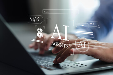 Conceptual image of AI Agent, a virtual assistant that works automatically for us. Businessman uses...