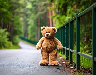Teddy bear standing on a peaceful forest path next to a green railing, surrounded by lush trees, evoking childhood nostalgia, serenity, and nature’s calm.