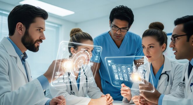A team of medical professionals uses futuristic transparent displays to analyze patient data and discuss diagnoses.