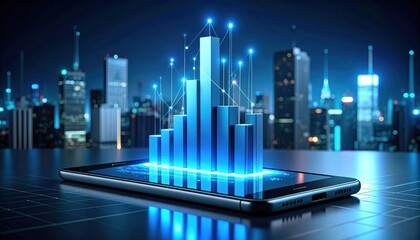 3D Bar Chart Emerging From Smartphone Screen with Connected Data Lines in Blue Over Cityscape Background