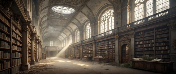 Photorealistic abandoned grand library with endless dusty bookshelves and floating glowing runes. Soft light filters through cracked stained glass, creating a mysterious, enchanting atmosphere. No peo