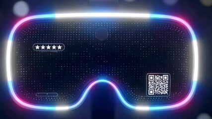 Futuristic virtual reality headset glowing with vibrant lights, showcasing a QR code and star ratings - Powered by Adobe