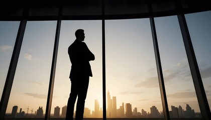Businessman silhouette looking at city skyline sunset from office window business success
