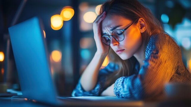 Woman stressed working late at night