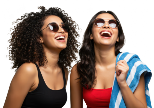 Two joyful young women wearing sunglasses and laughing heartily, one holding a striped towel, isolated on transparent background - Powered by Adobe