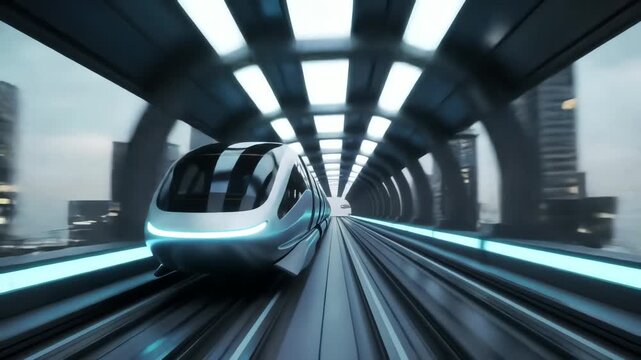A futuristic high speed maglev train travels through a neon lit tunnel in a modern sci-fi city