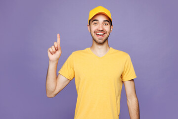 Professional delivery guy employee man wear yellow cap t-shirt uniform workwear work as dealer...