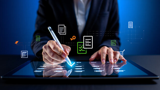 businessman touching digital tablet with world map,Digital Workflow, Task Management, Electronic Form, Online Checklist, Paperless Process, Digital Signature, Business Automation, Touchscreen Interfac