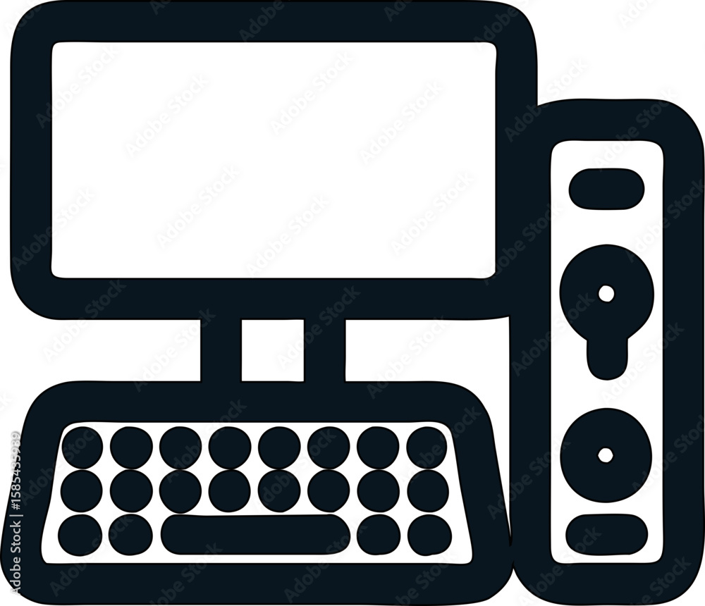 Poster flat vector icon of a home desktop computer setup for apps and websites.