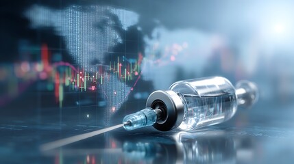Global Vaccine Rollout Syringe with Financial Graph World Map Background, Modern Medical Innovation