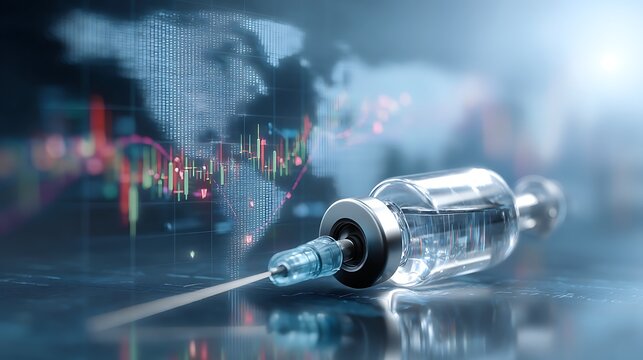 Global Vaccine Rollout Syringe with Financial Graph World Map Background, Modern Medical Innovation - Powered by Adobe