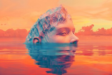 Surreal iceberg face surrounded by vibrant ocean at sunset