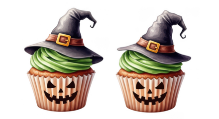 Two spooky halloween cupcakes with green frosting and witch hats decorated with jack o lantern faces isolated on transparent background