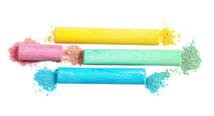 colorful chalk sticks with chalk powder on white background.