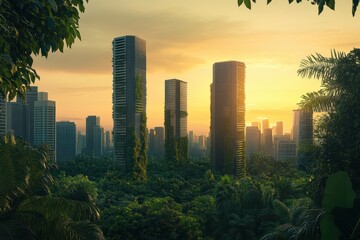 Futuristic skyscrapers blend with lush greenery under a vibrant sunset