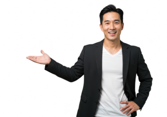 A smiling asian man in a black suit and white shirt presents with an open hand isolated on transparent background