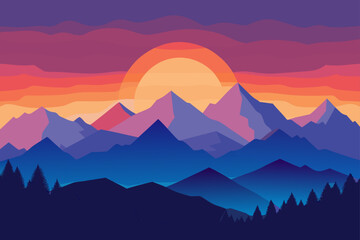 Sun Setting Behind Layered Mountain Fans Fading in the Mist