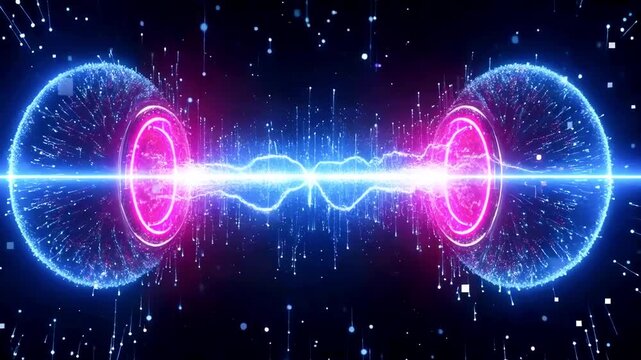 Vibrant digital representation of energy waves between two spheres, surrounded by a cosmic background