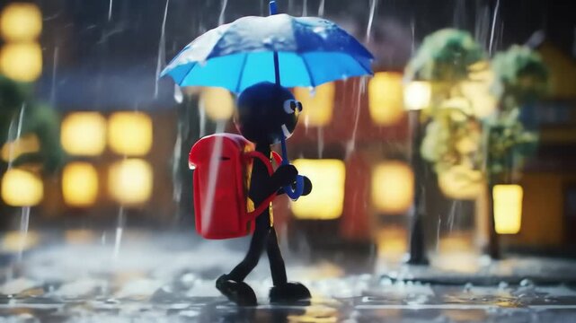 A cute stop motion stick figure with a red backpack walks under a blue umbrella in a rainy miniature city at night