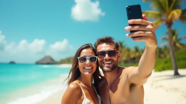 Couple Taking Selfie on Tropical Beach During Summer Bank Holiday - Powered by Adobe