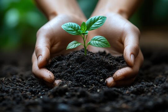 Growing a new plant with hands in soil during the daytime