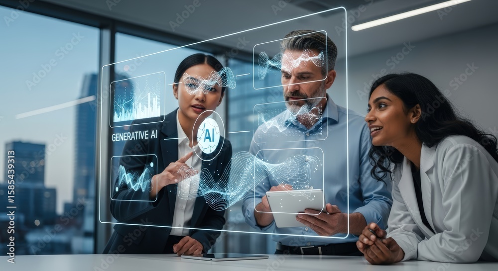 Wall mural diverse professionals collaborating on generative ai project with holographic display in modern offi